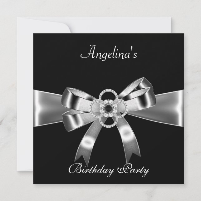 Birthday Party Elegant Black Silver Metal Bow 3 Invitation (Front)