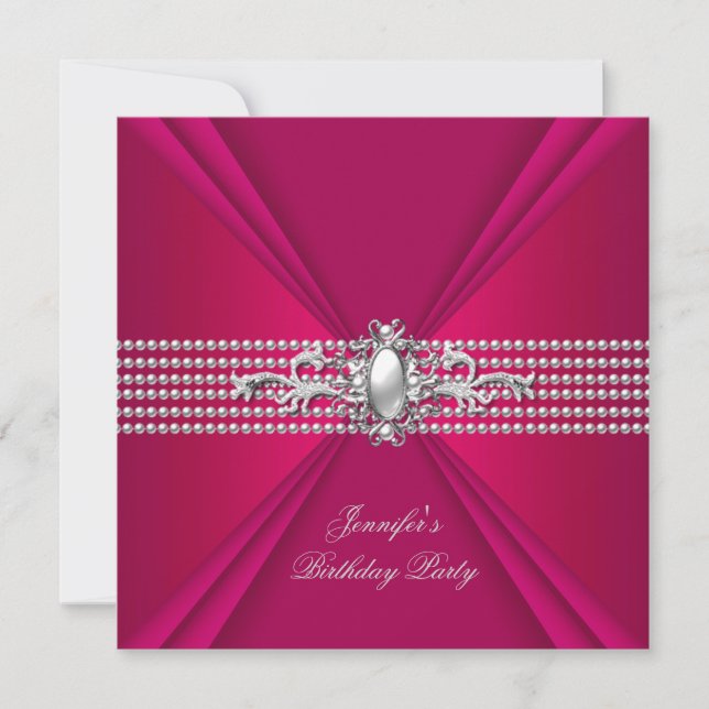 Birthday Party Elegant Deep Pink Red Pearl Invitation (Front)