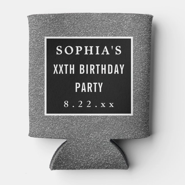 Birthday Party Elegant Glitter Modern Typography Can Cooler (Front)
