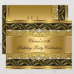 Birthday Party Elegant Gold Diamond Black Trim 3 Invitation