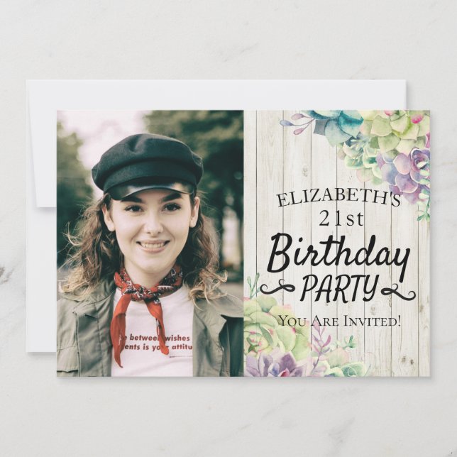 Birthday Party Elegant Succulent Plants Wood Photo Invitation (Front)