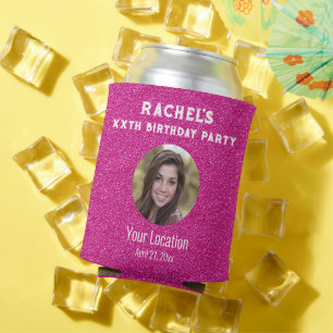 Birthday Party Favour Pink Glitter Photo Can Cooler