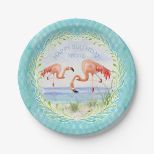 Birthday Party Flamingo Beach Ocean Sandy Shore Paper Plate