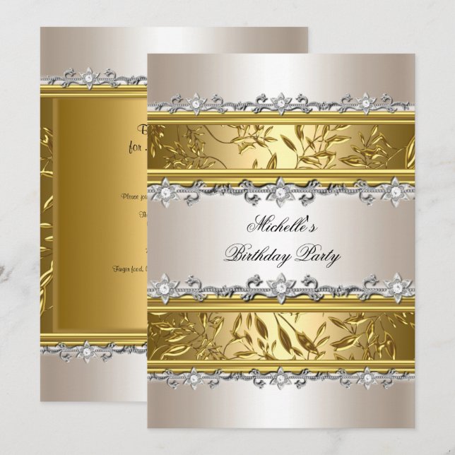 Birthday Party Floral Cream Gold Silver Diamond Invitation (Front/Back)