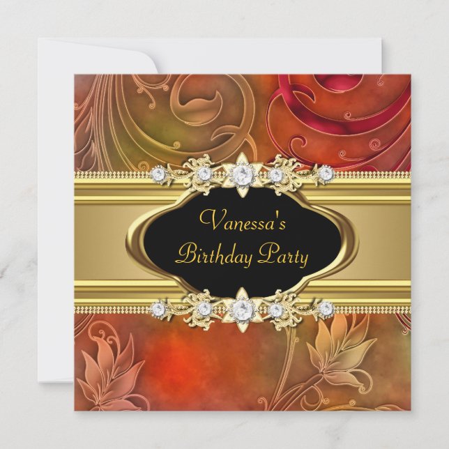 Birthday Party Floral Red Gold Black Invitation (Front)