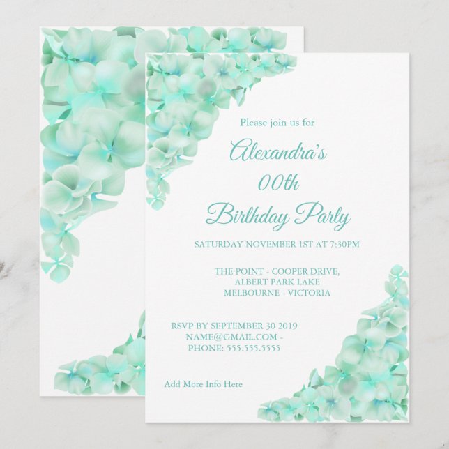 Birthday Party Floral Teal Blue Hydrangeas White Invitation (Front/Back)