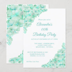 Birthday Party Floral Teal Blue Hydrangeas White Invitation