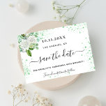 Birthday party floral white green sparkles save the date<br><div class="desc">A girly and trendy Save the Date card for a 40th (or any age) birthday party. A stylish white background decorated with green faux glitter sparkles, white florals and greenery. Personalize and add a date and name/age 40. Black coloured letters. The text: Save the Date is written with a large...</div>