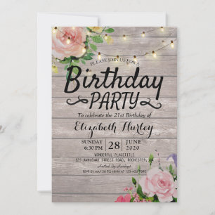 Birthday Party Flowers Rustic Wood String Lights Invitation