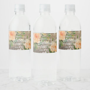 Birthday Party Flowers Rustic Wood String Lights Water Bottle Label