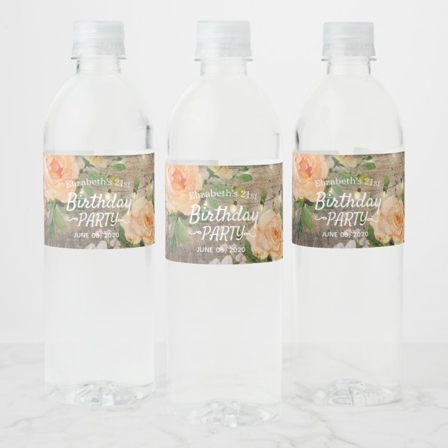 Birthday Party Flowers Rustic Wood String Lights Water Bottle Label (Bottles)