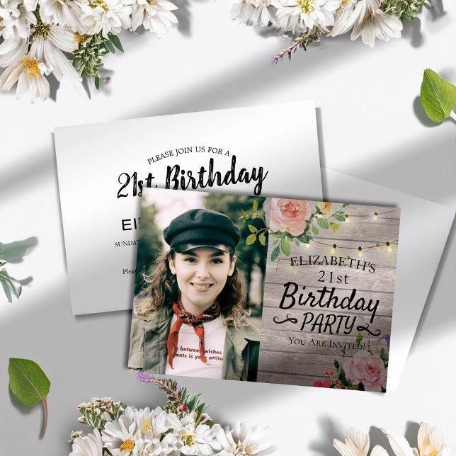 Birthday Party Flowers Wood String Lights Photo Invitation (Creator Uploaded)