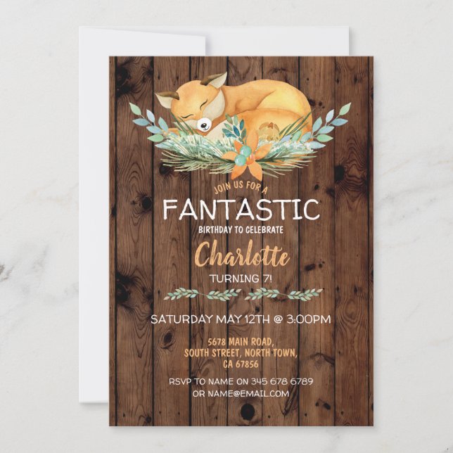 Birthday Party Fox Girls Boys Wood Fantastic Invitation (Front)