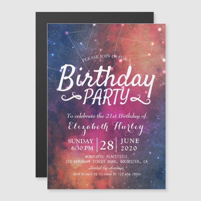 Birthday Party Galaxy Stars Nebula Constellations Magnetic Invitation (Front/Back)