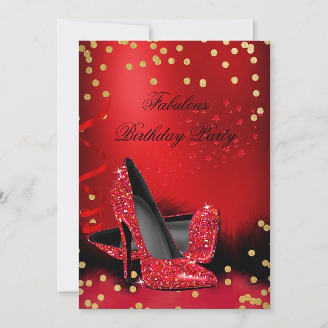 Birthday Party Glitter Red High Heels Gold Black Invitation (Front)