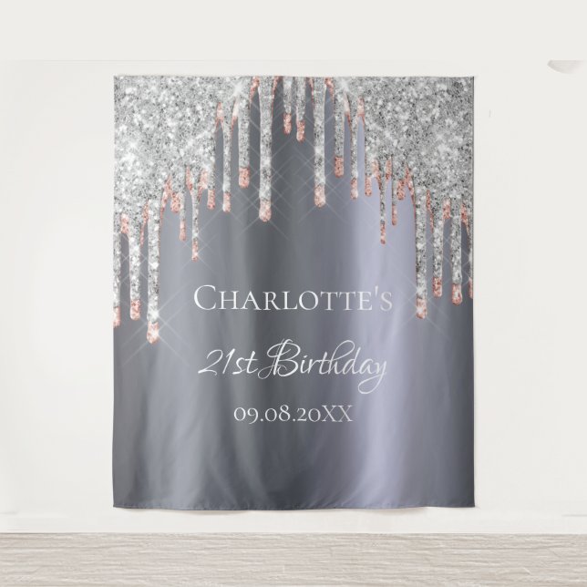 Birthday party glitter silver pink rose gold glam tapestry (Front)