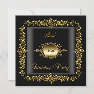Birthday Party Gold Black Floral Womens 50th Invitation