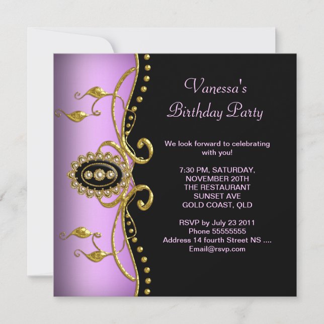 Birthday Party Gold Black Lilac Pink Invitation (Front)
