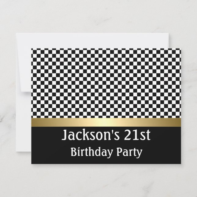 Birthday Party Gold Black & White Check Pattern Invitation (Front)