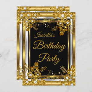 Birthday Party Gold Black White Diamond Floral Invitation