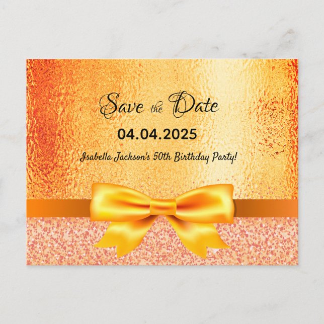 Birthday party gold bow save the date postcard (Front)