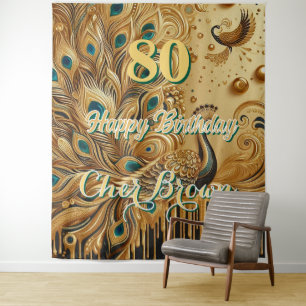 Birthday Party Gold Dripping Glitter Peacock Tapestry