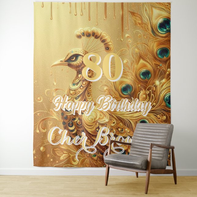 Birthday Party Gold Dripping | Glitter Peacock Tapestry (In Situ)