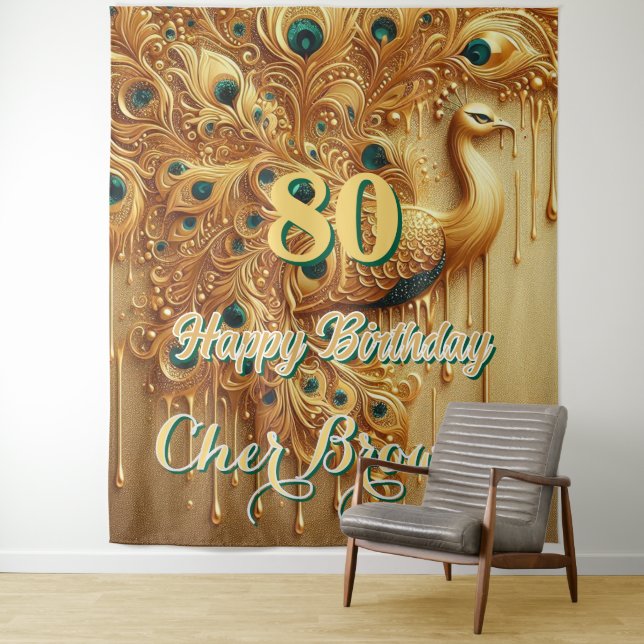 Birthday Party Gold Dripping | Glitter Peacock Tapestry (In Situ)