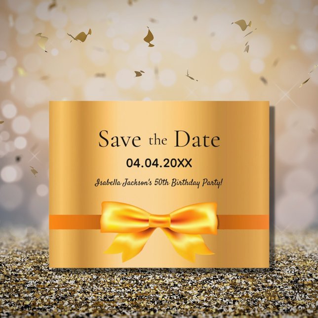 Birthday party gold elegant bow Save the Date Postcard (Creator Uploaded)