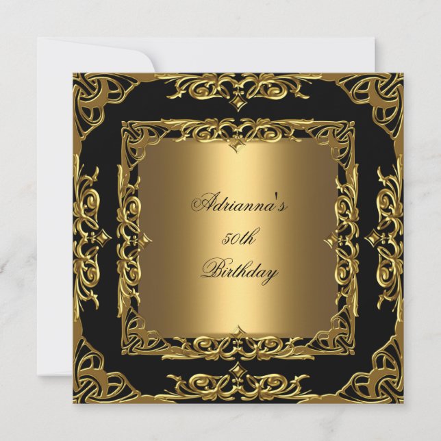 Birthday Party Gold Lace 50th Gold Overlay Black 2 Invitation (Front)