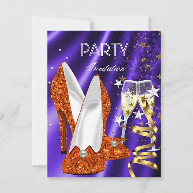Birthday Party Gold Orange Purple Shoes Invitation (Front)