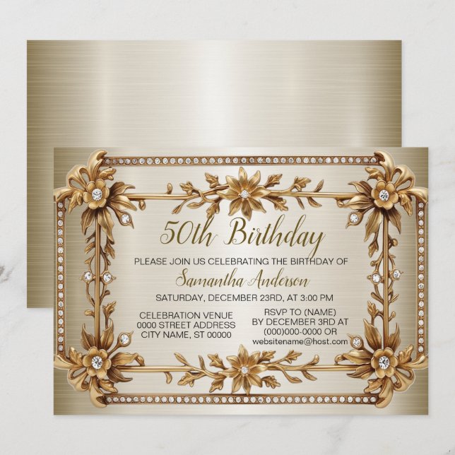 Birthday Party Gold Ornate Rectangle Dimond Flower Invitation (Front/Back)