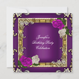 Birthday Party Gold Purple Plum Cream Rose Invitation