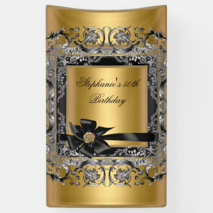 Birthday Party Gold Silver Black Bow Banner