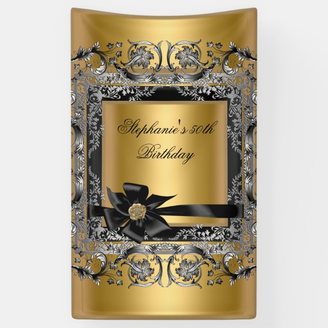 Birthday Party Gold Silver Black Bow Banner (Vertical)