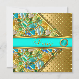 Birthday Party Gold Teal Blue Gold Spot Mosiac Invitation