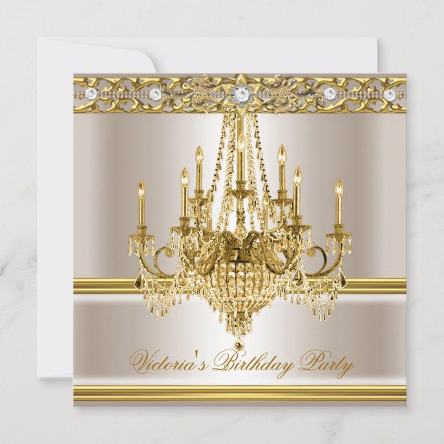 Birthday Party Gold White Cream Chandelier Invitation (Front)