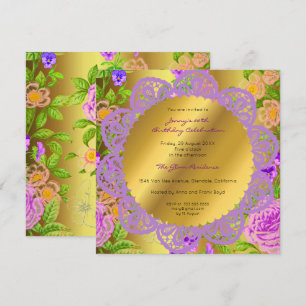 Birthday Party Golden Floral Roses Purple Mint Invitation