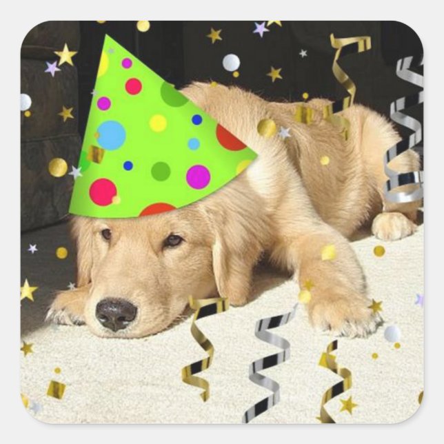 Birthday Party Golden Retriever Square Sticker (Front)