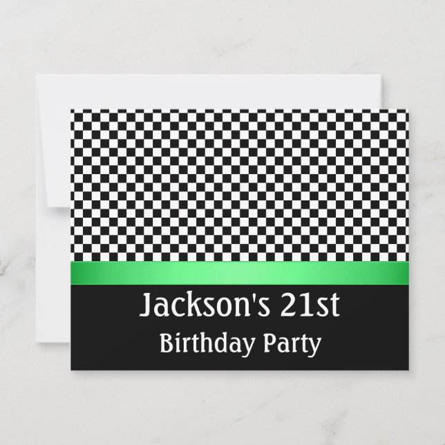 Birthday Party Green Black & White Check Pattern Invitation (Front)