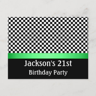 Birthday Party Green Black & White Check Pattern Invitation