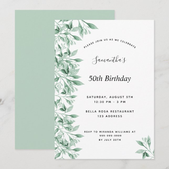 Birthday party green white botanical floral modern invitation (Front/Back)