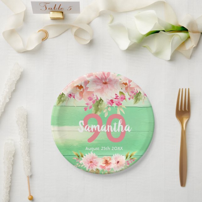 Birthday party green wood blush florals paper plate (Wedding)