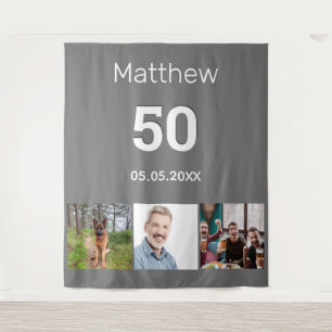 Birthday party grey photo monogram men tapestry