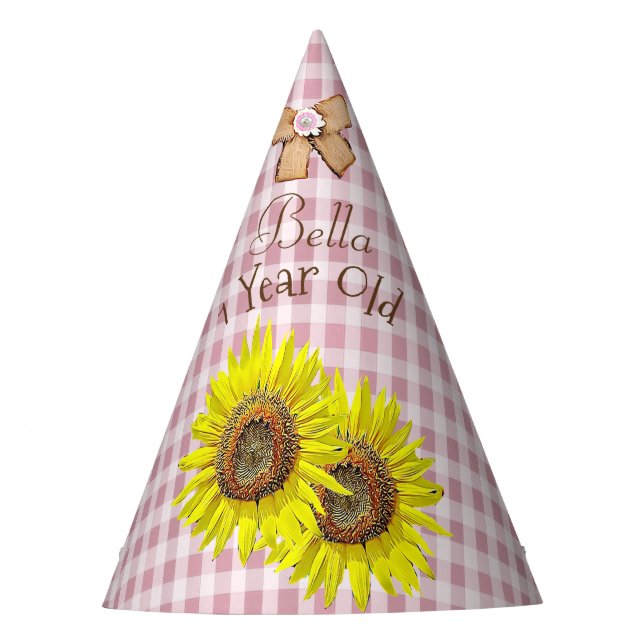 Birthday Party Hat Pink Yellow Sunflower Themed (Front)