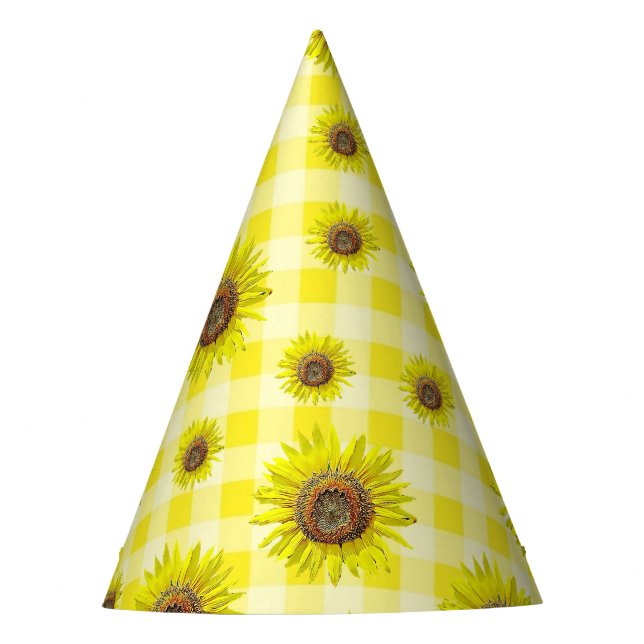 Birthday Party Hat Yellow Gingham Sunflower Themed (Front)