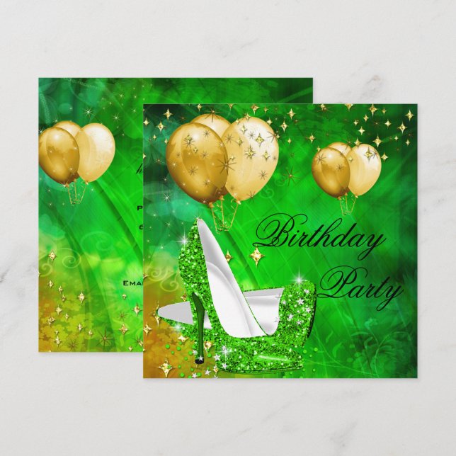 Birthday Party High Heels Lime Green Gold Invitation (Front/Back)