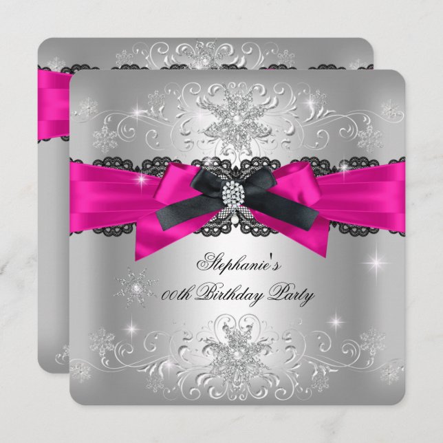 Birthday Party Hot Pink Black Bow Glitter Silver 2 Invitation (Front/Back)