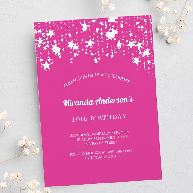 Birthday party hot pink white stars girl invitation postcard (Creator Uploaded)