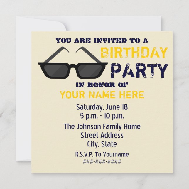 Birthday Party Invitation - Black Sunglasses (Front)